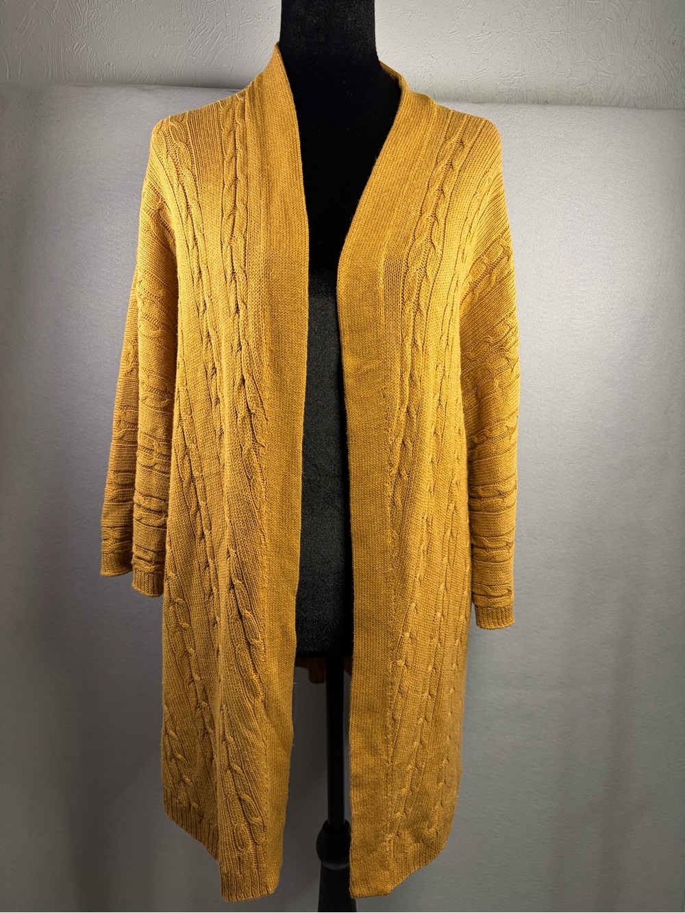 J. Jill Mustard Cable-Knit Open-Front Cardigan